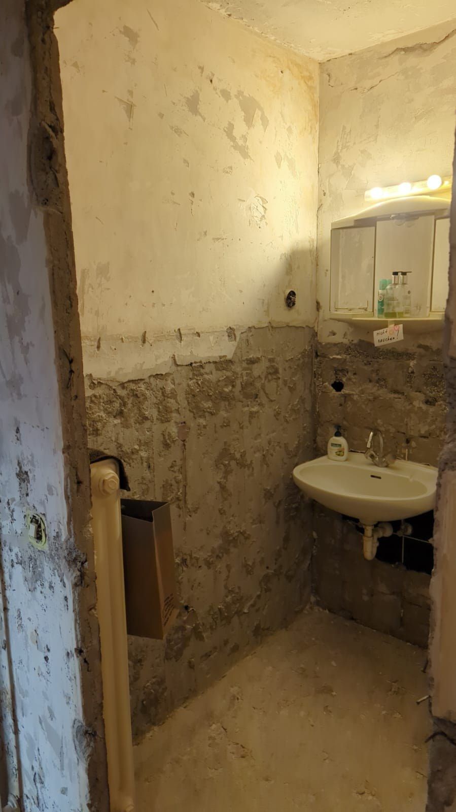 Bad im Rückbau: Waschbecken und Spiegelschrank noch montiert, Wandfliesen abgeschlagen, Putz bis auf das Mauerwerk entfernt.