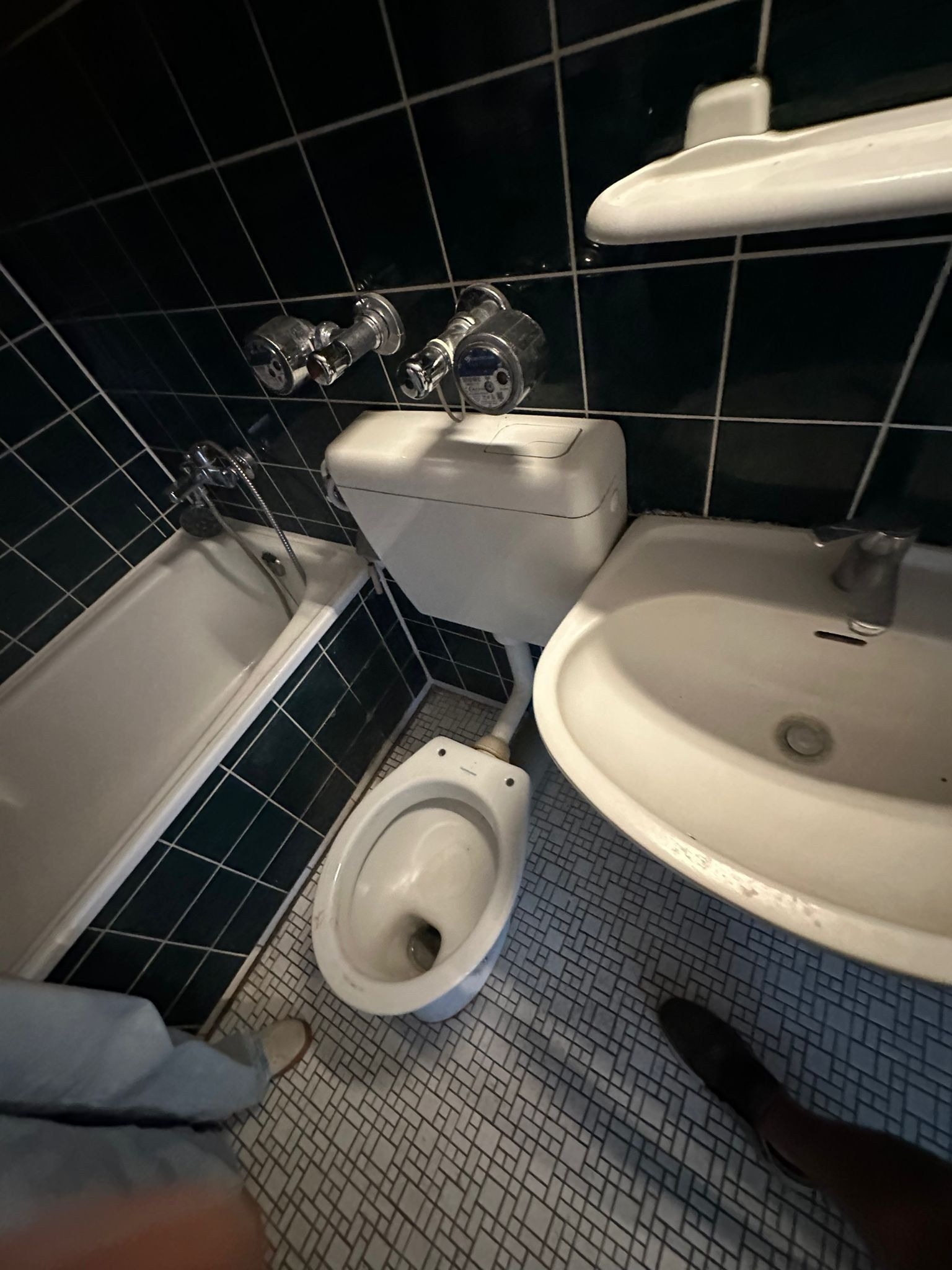 Altes Bad: dunkelgrüne Wandfliesen, blauer Mosaikboden, freistehende Keramik mit Aufputzspülkasten, Badewanne mit sichtbarer Armatur.